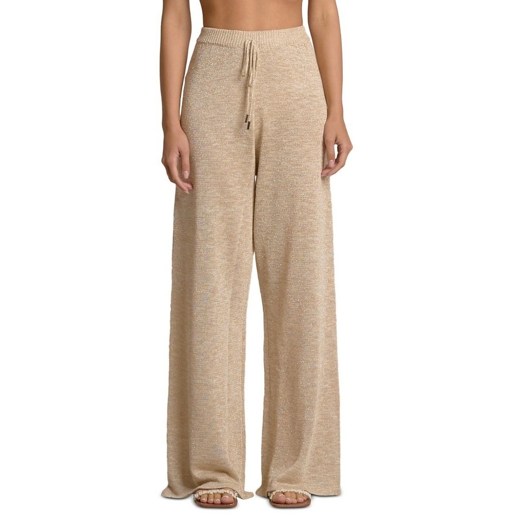 Elan Drawstring Swim Cover-Up Pants Beige Metallic Knit Wide Leg XS